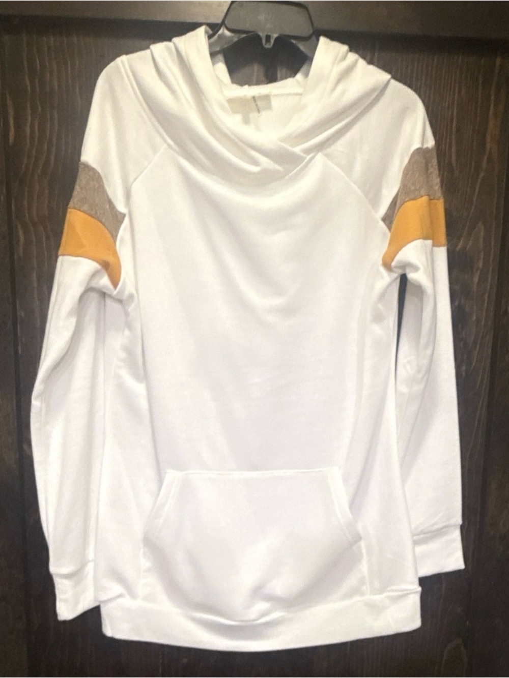 Vanilla Bay White Hoodie with Mustard and Taupe Sleeve Accents
